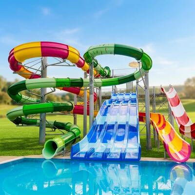 Kundenspezifisches spiralförmiges, geschlossenes Fiberglas-Wasserrutschen-Set mit einer Dicke von 6–10 mm für gewerbliche Hotel-Resort-Pool-Aquaparks